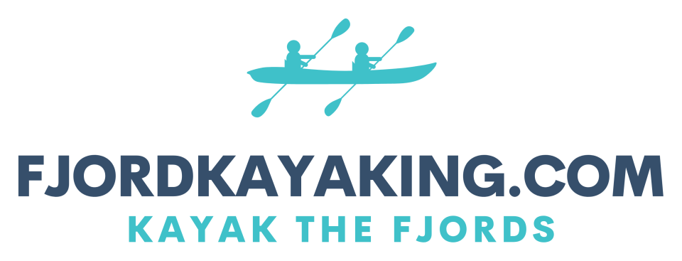 Logo with two people kayaking and text 'FJORDKAYAKING.COM Kayak the Fjords'.