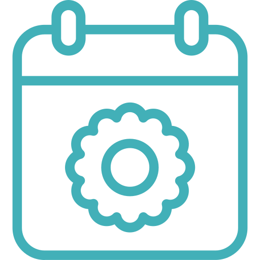 Turquoise calendar icon with a flower symbol in the center.