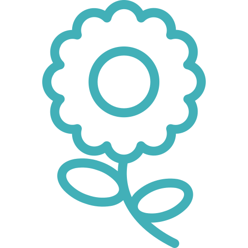 Simple blue line drawing of a flower with leaves.