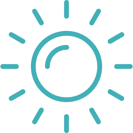 Blue outline sun icon with rays on all sides.